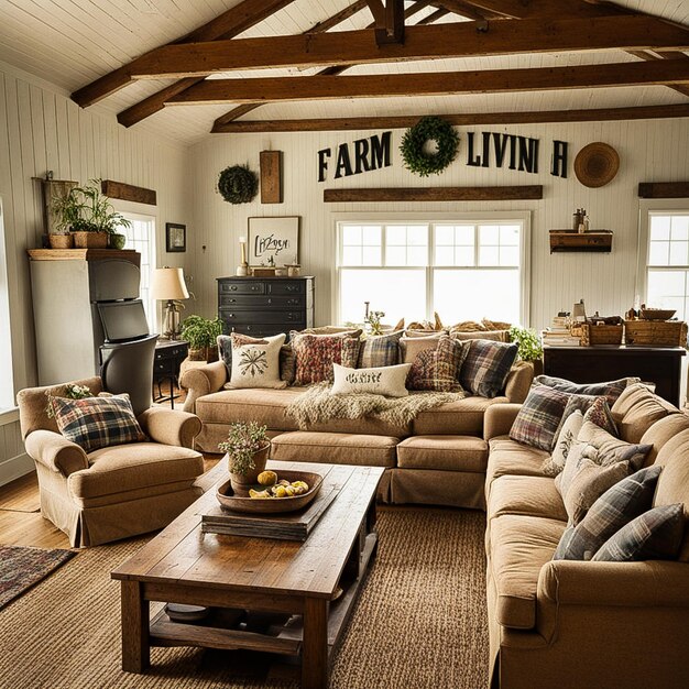 Photo a living room with a sign that says quot farm live quot