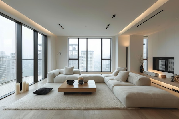 Living Room with Simple Coffee Table and Sofa Simple coffee table minimalist sofa and clean lines Open bright space