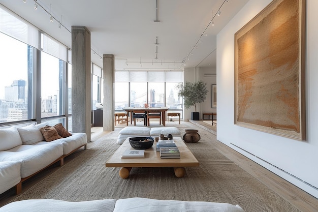 Living Room with Simple Furniture and Art Minimalist furniture neutral art and clean lines Bright open space