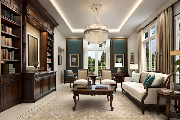 A living room with a sofa, coffee table, and a large window.