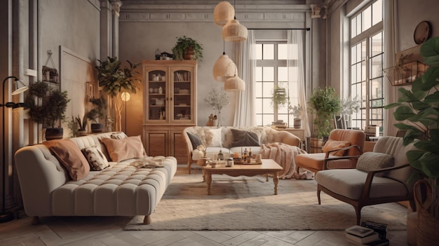 A living room with a sofa, a coffee table, and a window with a plant on it.