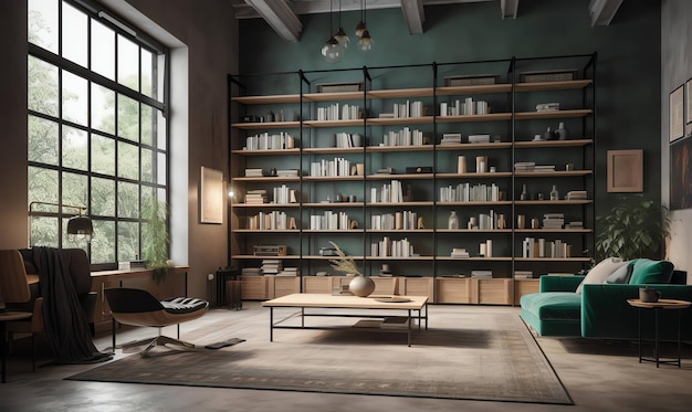 A living room with a sofa and a coffee table with a bookcase on the wall.