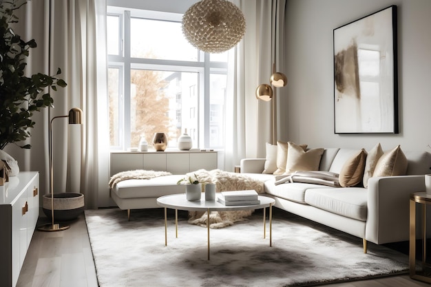 A living room with a sofa and a coffee table with a lamp above it.