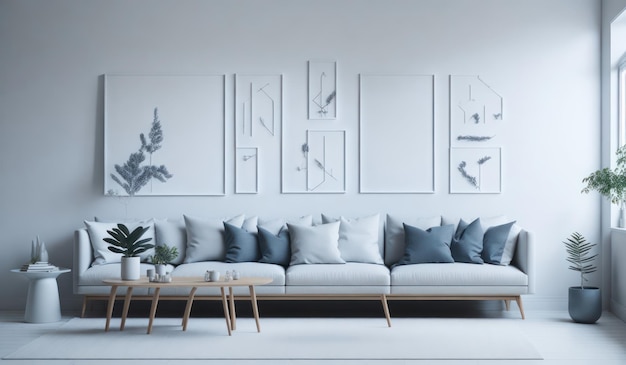 A living room with a sofa and a coffee table with a plant on it.