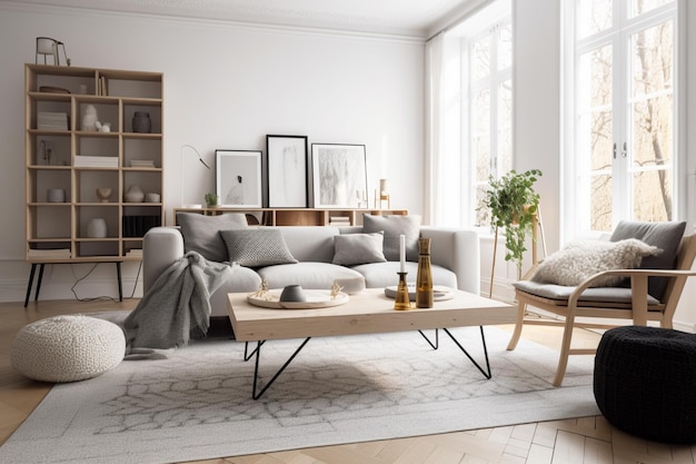 A living room with a sofa and a coffee table