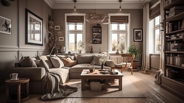 A living room with a sofa and a coffee table.