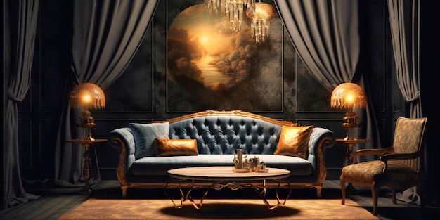 A living room with a sofa and gold accents