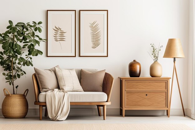 A living room with a sofa and a picture frame with a plant on it