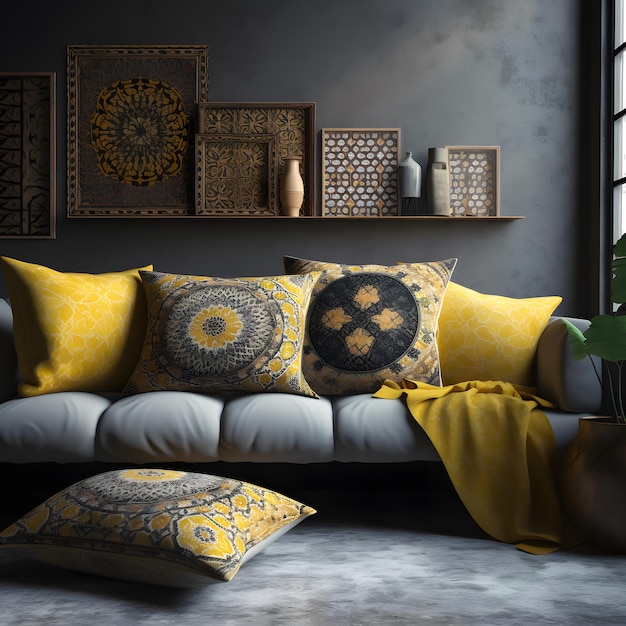 A living room with a sofa and pillows with a plant on the wall.