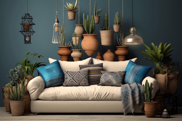 A living room with a sofa and plants