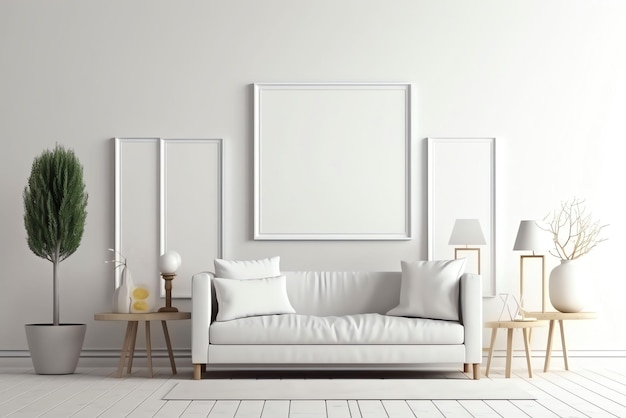 A living room with a sofa and a table with three lamps on it.