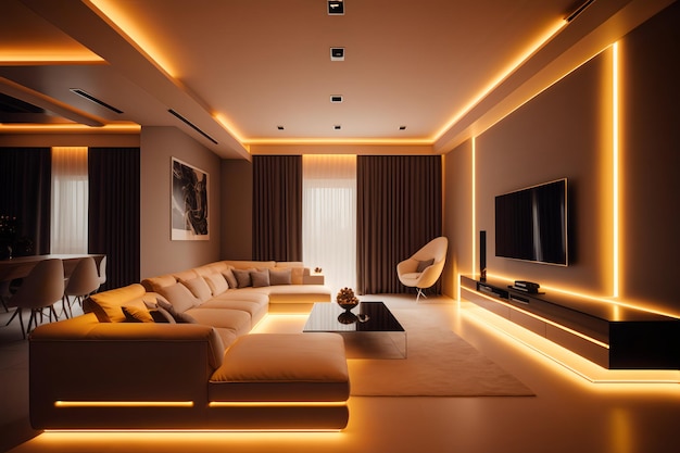 A living room with a sofa and a tv that says'the best lighting '