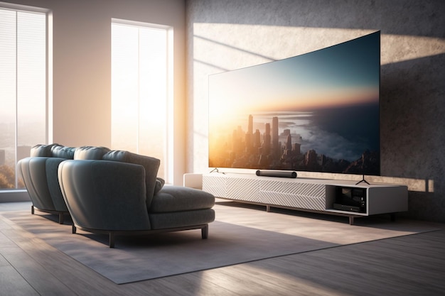 A living room with a sofa and a tv that says'smart'on it