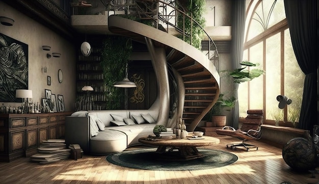 A living room with a spiral staircase and plants