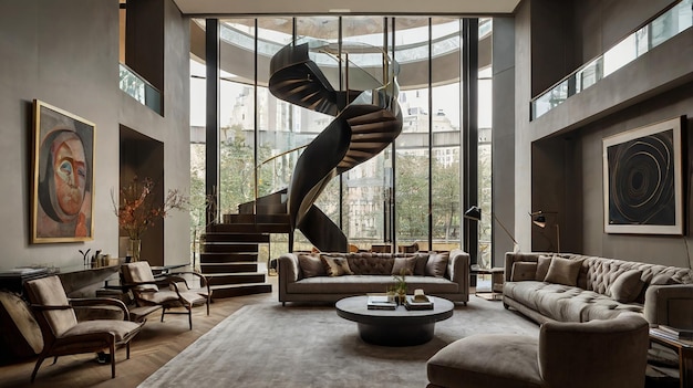 Photo a living room with a spiral staircase and a staircase