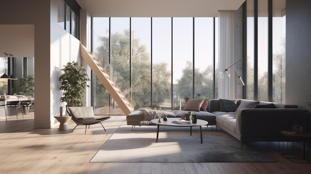 A living room with a staircase and a couch in the middle.