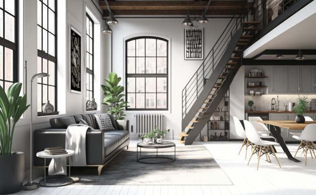 A living room with a staircase and a couch with a white chair.