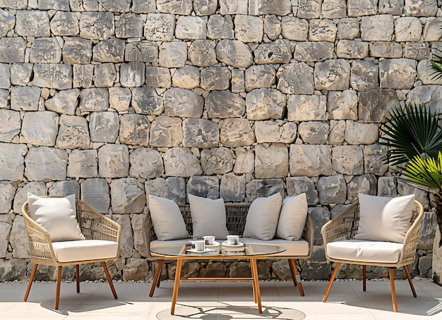 Photo a living room with a stone wall and a couch with a wicker seat and a plant in the corner