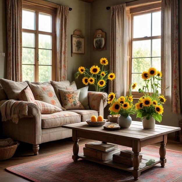 a living room with sunflowers on the table and a couch