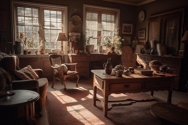 A living room with a table and chairs and a lamp.