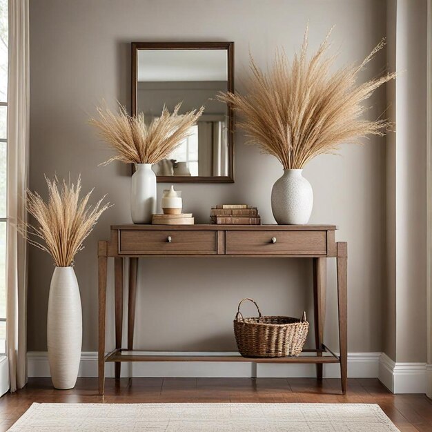 Photo a living room with a table and vases with dried grass on it