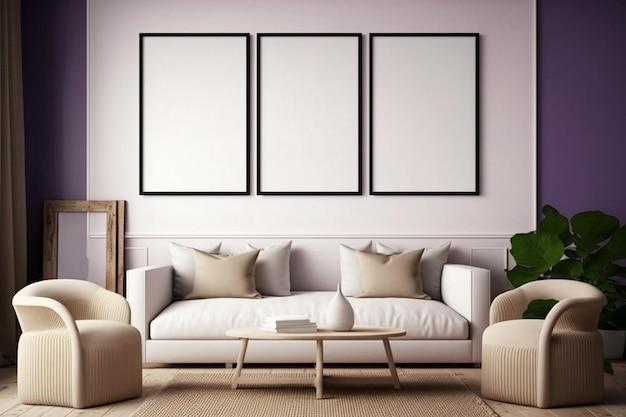 A living room with three framed pictures on the wall and a sofa with pillows on it.