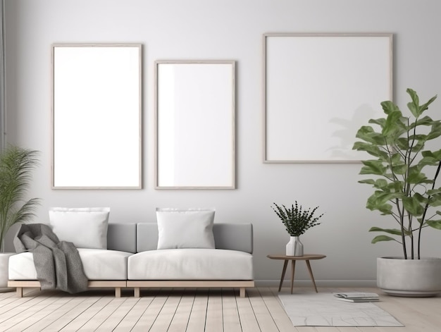 A living room with three frames on the wall and a plant on the floor.