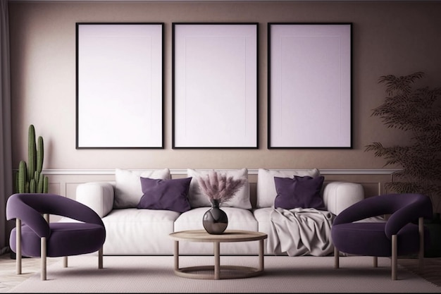 A living room with three purple and white pillows and a coffee table.