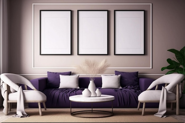 A living room with three white and purple pillows and a white couch with pillows.