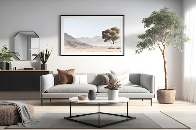 A living room with a tree on the wall and a coffee table with a plant on it.