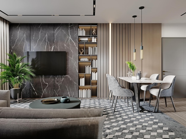 Living room with TV on a black marble wall with dining table and decorative wood planks