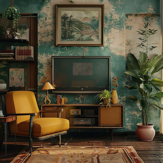 a living room with a tv and a chair with a plant on the wall