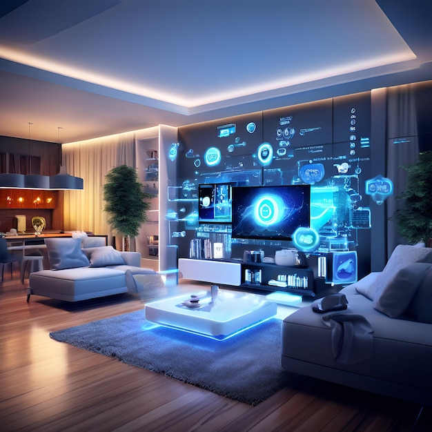 a living room with a tv and a couch with a blue light on the wall