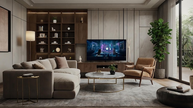 a living room with a tv and a couch with a coffee table in front of it