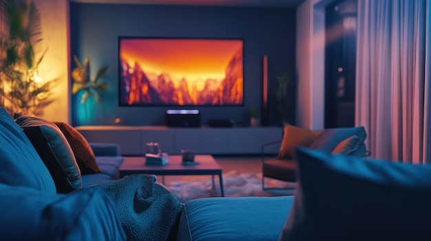 a living room with a tv and a fire on the screen