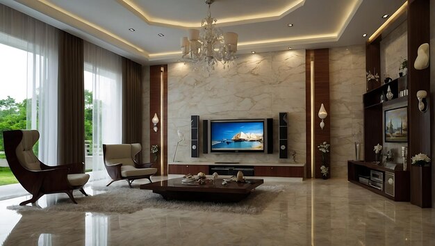 a living room with a tv and a large screen that says  beach