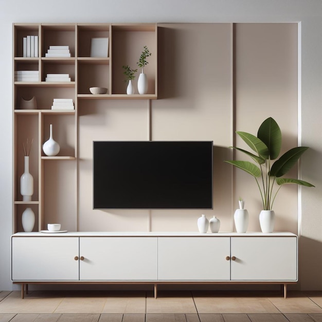 a living room with a tv and a plant on the shelf