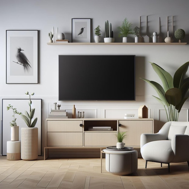 a living room with a tv and a plant on the shelf