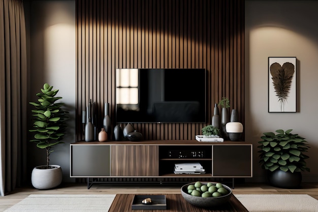 A living room with a tv and a plant on the wall