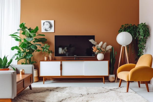 A living room with a tv and a plant on the wall