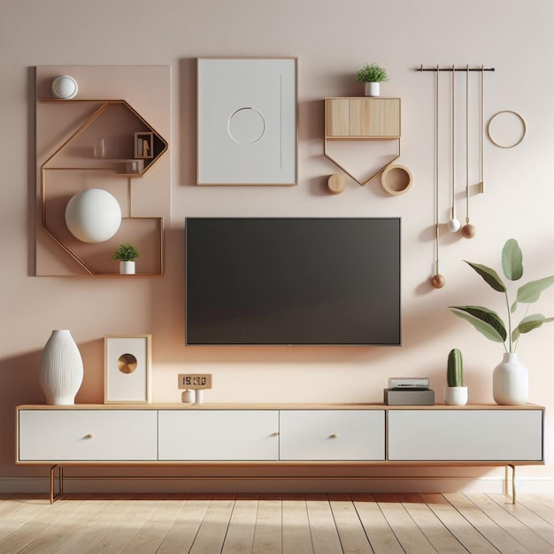 a living room with a tv and a shelf with a picture of a plant on it