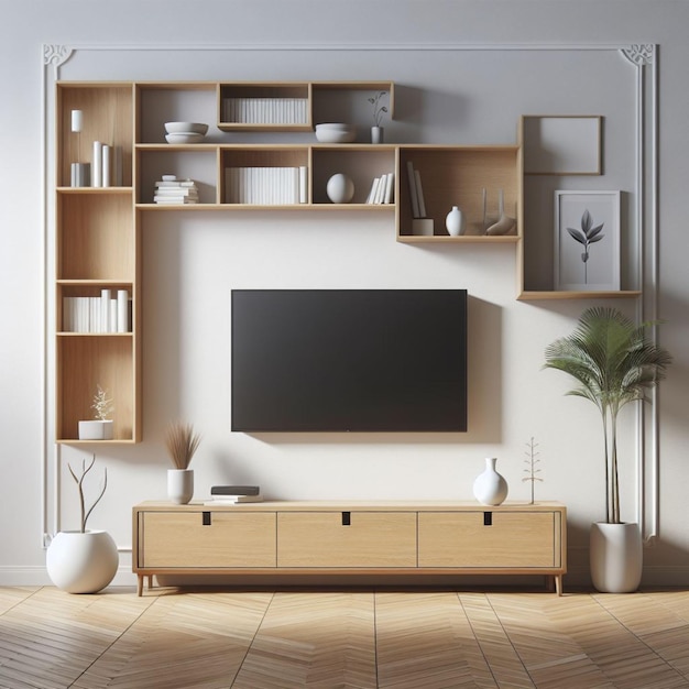 a living room with a tv and a shelf with a plant on it