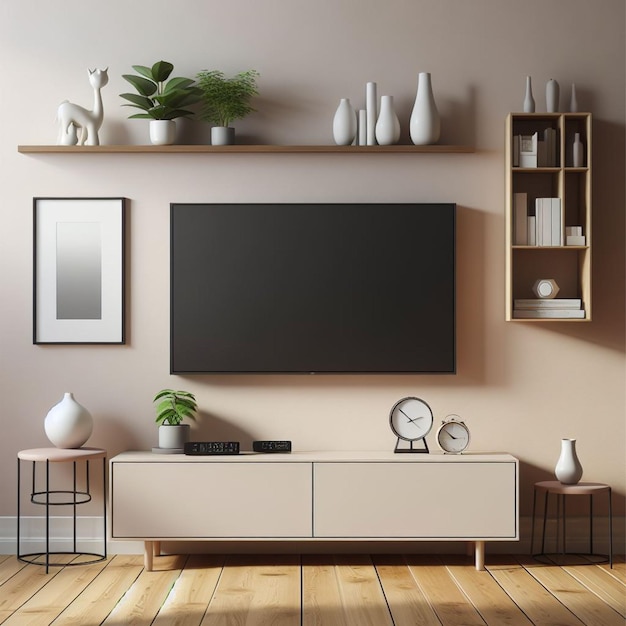 a living room with a tv and a shelf with a plant on it