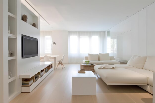 A living room with a tv on the wall and a couch with pillows on it.