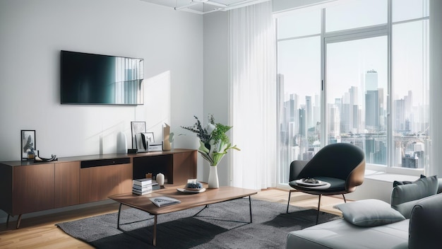 A living room with a tv on the wall and a large window with a view of the city in the background.