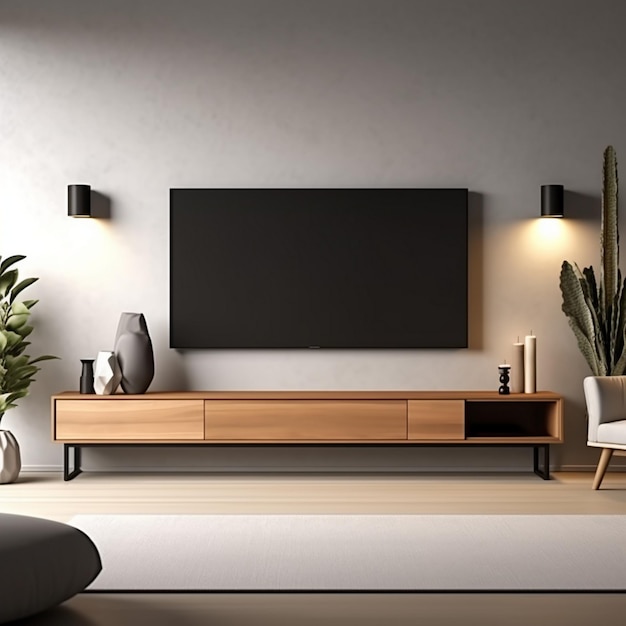 a living room with a tv on the wall and a plant on the table