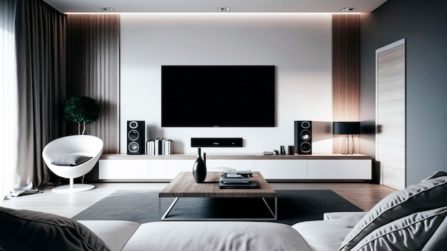 A living room with a tv on the wall and a wall with speakers.