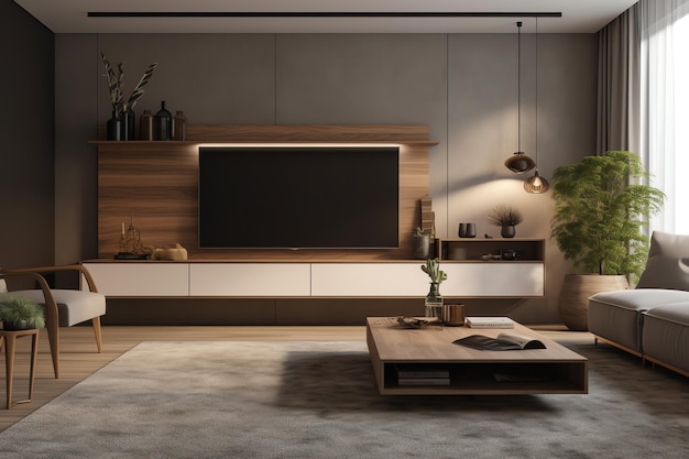 A living room with a tv on the wall and a wooden cabinet with a white shelf