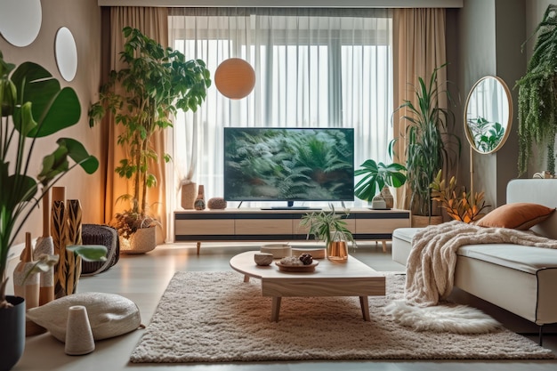 A living room with a tv and a window with plants on it.