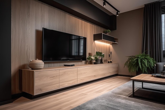 A living room with a tv and a wooden table with a plant on it.